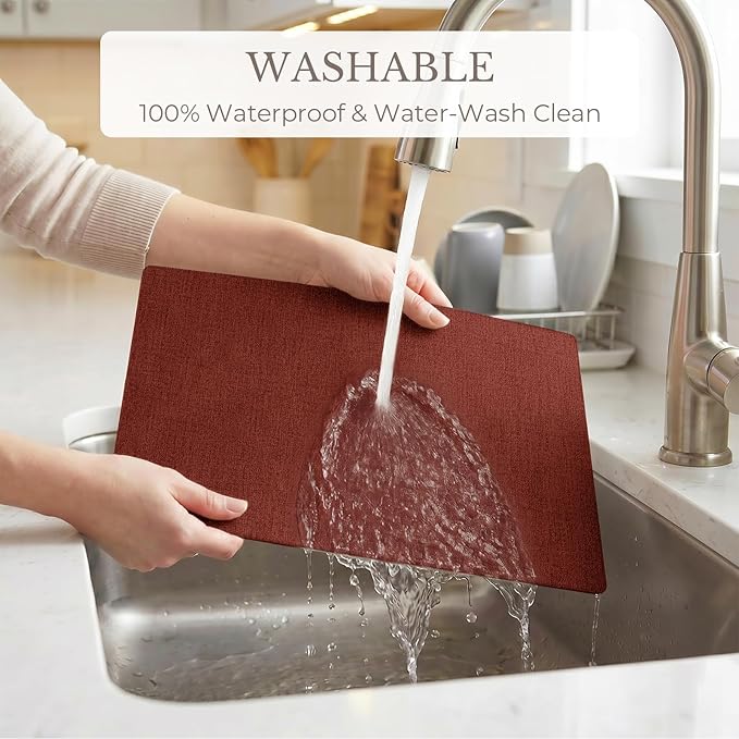 Romanstile Vinyl Placemats Set of 6-12 X 17 Inch - Faux Leather 100% Waterproof Wipeable Anti Slip Place Mats, Heat Resistant Reversible PU Table Mats for Kitchen Dining Party Outdoor, Red