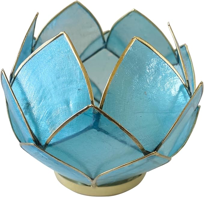 Bowery Hill Handcrafted Capiz Shell Tea Light Holder, Aquamarine Blue, Lotus Flower Design, Translucent Finish, Decorative Candle Holder for Centerpieces, Bathrooms, Meditation Spaces