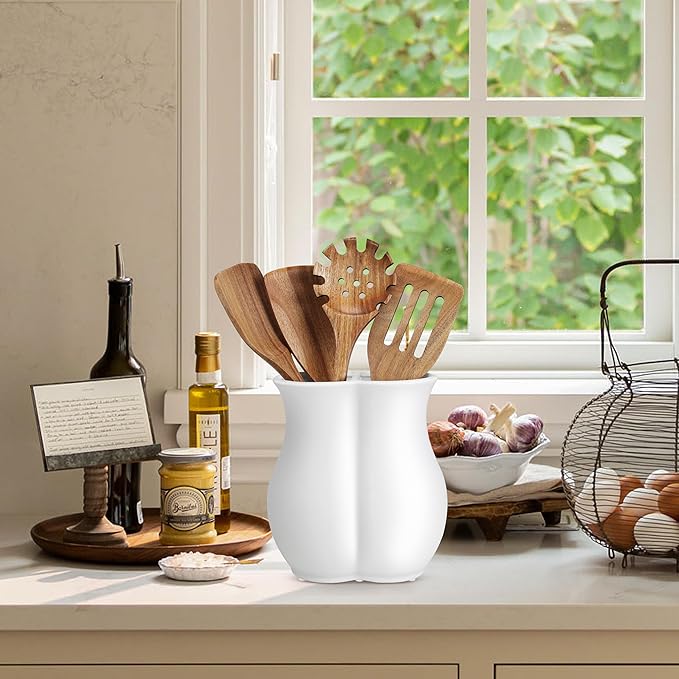 2026 Upgraded Vintage Kitchen Utensil Holder - Ceramic Utensil Crock Dual Compartment Curved, Modern Countertop Organizer for Farmhouse/Rustic Kitchen Decor(Matte White)
