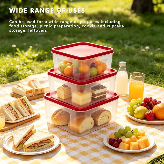 REDANT Plastic Food Storage Containers with Lids Airtight - Large Meal Prep Containers Reusable for Freezer - Bread Box for Cookies, Sandwich, Cake & Muffin, Leak-Proof & Stackable, Square, 3 Pcs
