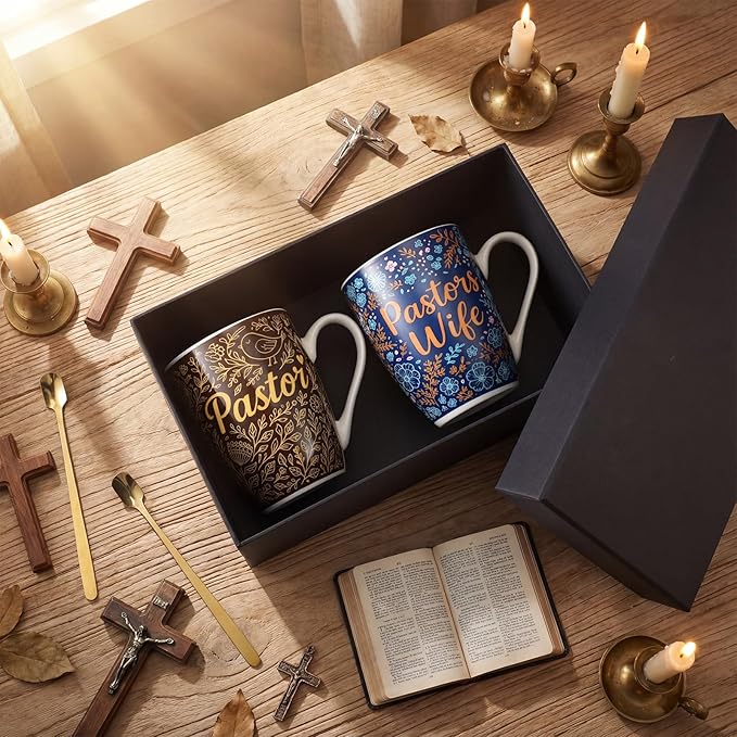 Shellwei 2 Sets Pastor and Wife Appreciation Gifts Stoneware Coffee Mugs with Gift Box Golden Coffee Spoons Pastor Gifts for Men Women Thanksgiving Christmas Christian Present (Fresh)