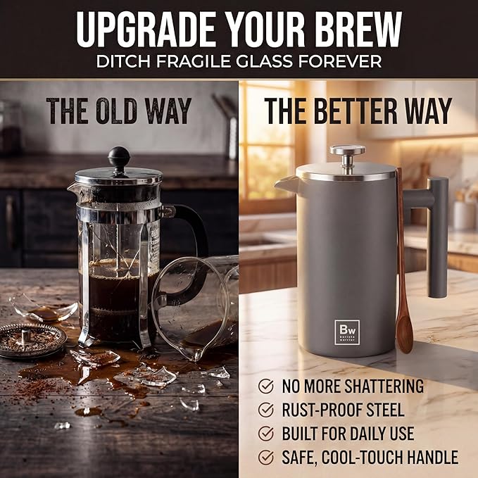 Barista Warrior French Press Coffee Maker - Double-Wall Stainless Steel Insulated French Press with Built-In Thermometer, Dual Filters Coffee Maker with Wooden Spoon - Grey