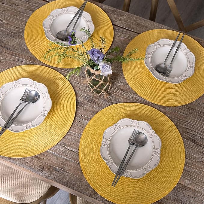 FunWheat Round Braided Placemats Set of 6 Table Mats for Dining Tables Woven Washable Non-Slip Place mats 15inch for Spring(Yellow, 6pcs)