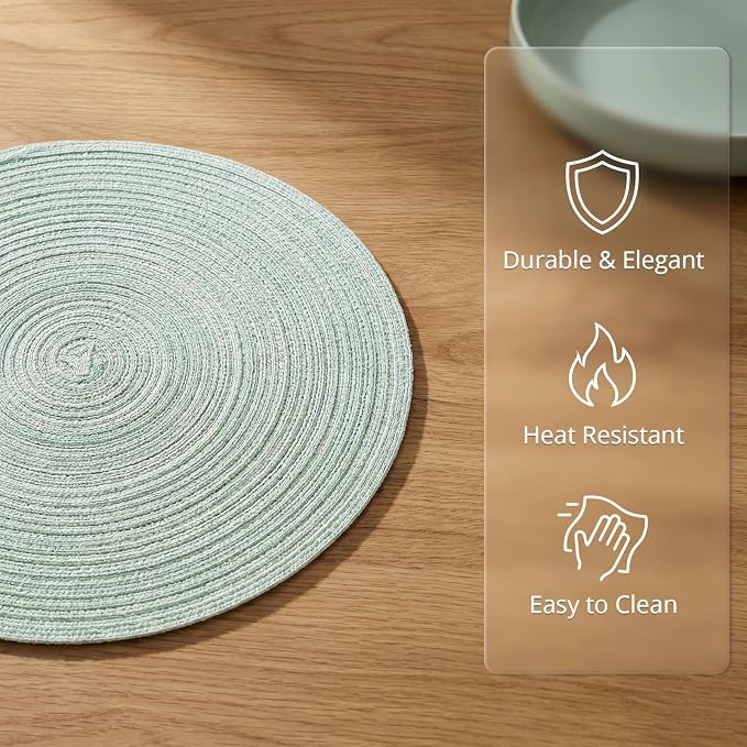 AHHFSMEI Round Braided Placemats Set of 6 Woven Table Mats for Dining Table Heat Resistant Easy to Clean Perfect for Kitchen & Home Decor (Fog Green)