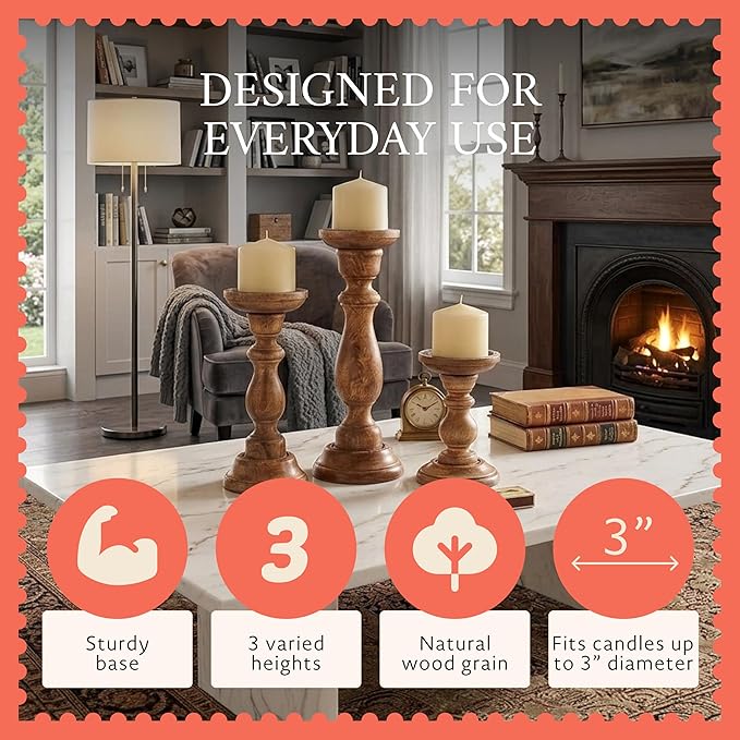 Mela Artisans 6”, 9” & 12” Mango Wood Pillar Candle Holder Set of 3 – Tuli Design Medium Polish – Wooden Candle Holders for Table, Mantel & Living Room Décor