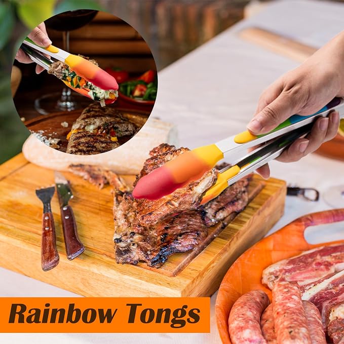 Rainbow Tongs for Cooking, Heat Resistant Stainless Steel Kitchen Tongs with Silicone Tips, 9 & 12 Inch Silicone Tongs, Set of 2
