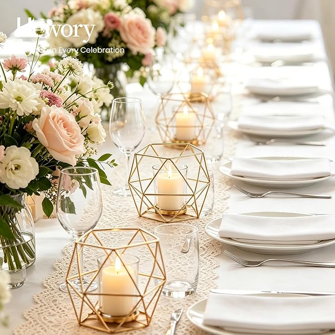 Hewory Geometric Tealight Candle Holders Gold, Modern Metal Geo Wedding Centerpieces for Table, Votive Candle Stand Accent for Tea Light for Home Shelf Mantel Christmas Birthday Party Decor, 6pcs