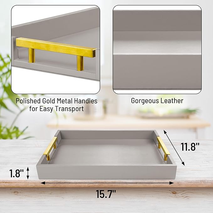 ATZYmolin Leather Serving Tray with Gold Polished Metal Handles, Home Decorative Wooden Rectangle Ottoman Decor Platter Bathroom Vanity Tray for All Occasions Grey