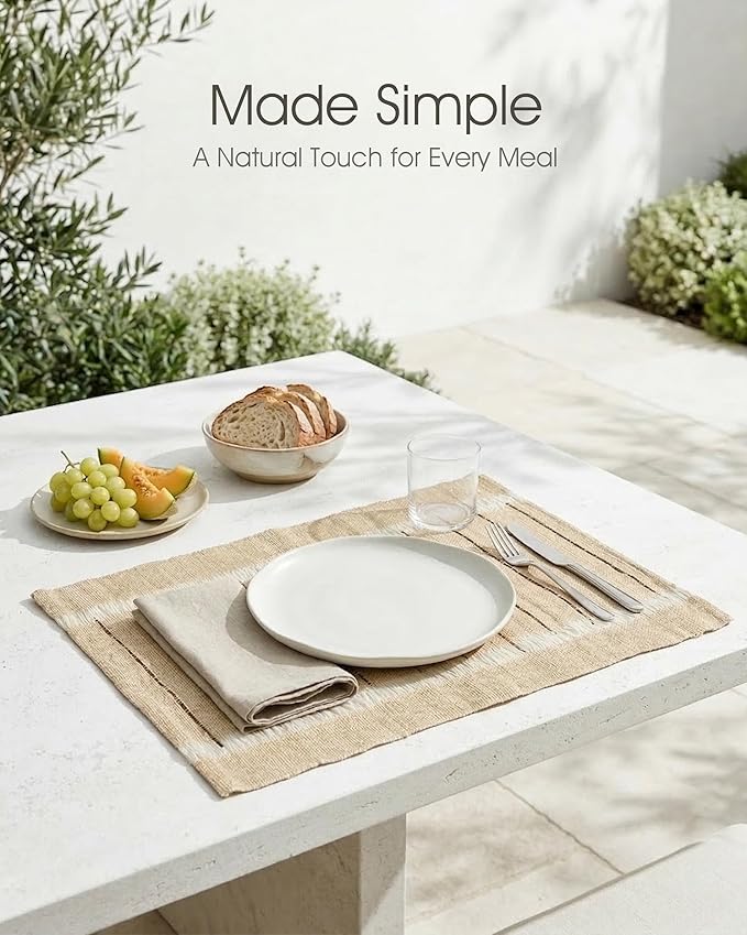 Ramie Placemats Set of 6, 12 x 17 Inch Natural Woven Place Mats for Dining Table, Handwoven Boho Farmhouse Table Mats for Kitchen, Dining Room & Coffee Table Decor