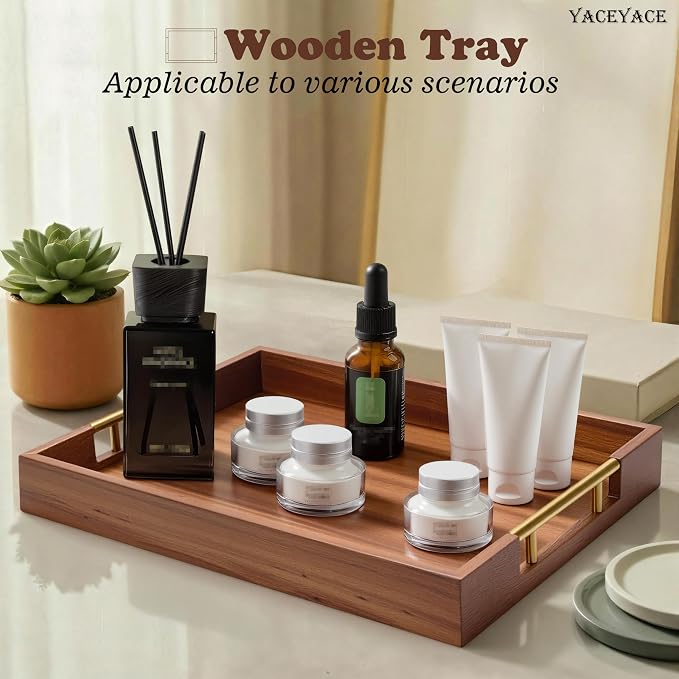 Wooden Serving Tray with Metal Handles, 14" x 9.8" x 1.7" Small Serving Tray for Kitchen Counter, Ottoman Coffee Table, Bathroom, Home Decor