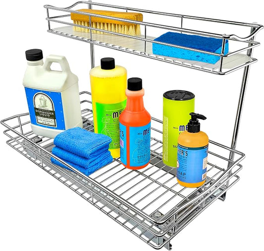 LYNK PROFESSIONAL® Pull Out Under Sink Kitchen Cabinet Organizer - 11.5 in. x 21 inch deep Drawer - Sliding Shelf Organizer for Cabinets and Undersink Storage Shelves - Lifetime Ltd. Warranty – Chrome