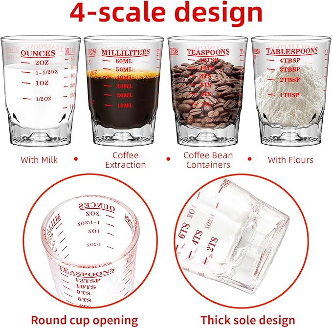 3Pcs 2 OZ 4 Features Shot Glasses Measuring cup Liquid Heavy Glass Wine Glass Espresso Shot -Incremental Measurement Heavy 60ML (3, red)