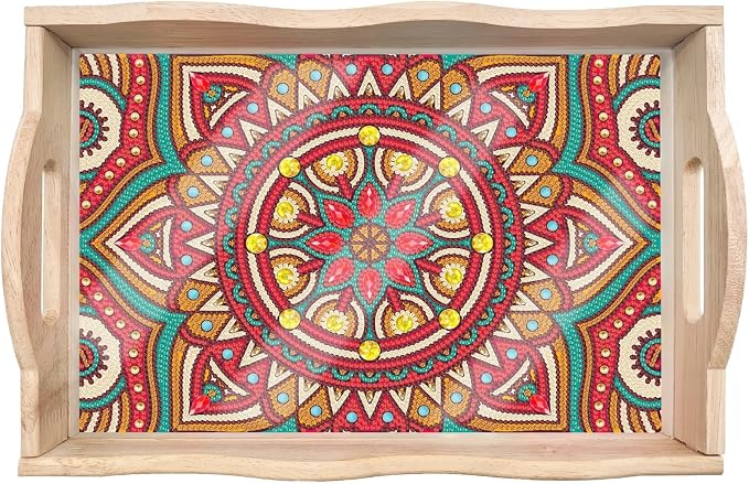 Generic DIY Diamond Serving Tray Rectangular Upgrade Increase Wooden Breakfast Tray with Handles Handmade Diamond Art Painting Dinner Plate for Coffee Living Room Home Organizer-Mandala06