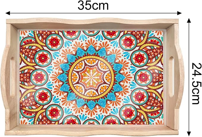 Generic DIY Diamond Serving Tray Rectangular Upgrade Increase Breakfast Tray with Handles Handmade Diamond Art Painting Wooden Tray Dinner Plate for Coffee Living Room Home Organizer-Mandala02