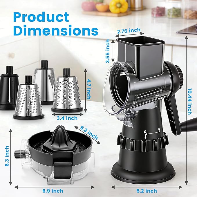 Rotary Cheese Grater Hand Crank, Vegetable Slicer with 5 Blades, Stable Suction, Labor-Saving Handle, Cheese Shredder for Potato Vegetables Nuts Chocolate, Black