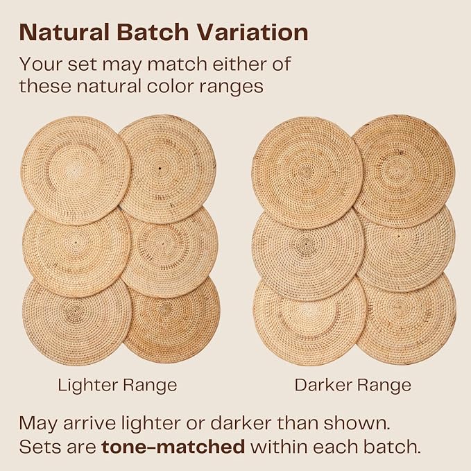 6-Pack Rattan Placemats - 13-inch Round Placemats (Natural Rattan Color) - Woven Place Mats, Round Table Mats - Wicker Chargers for Dinner Plates, Plate Chargers Boho