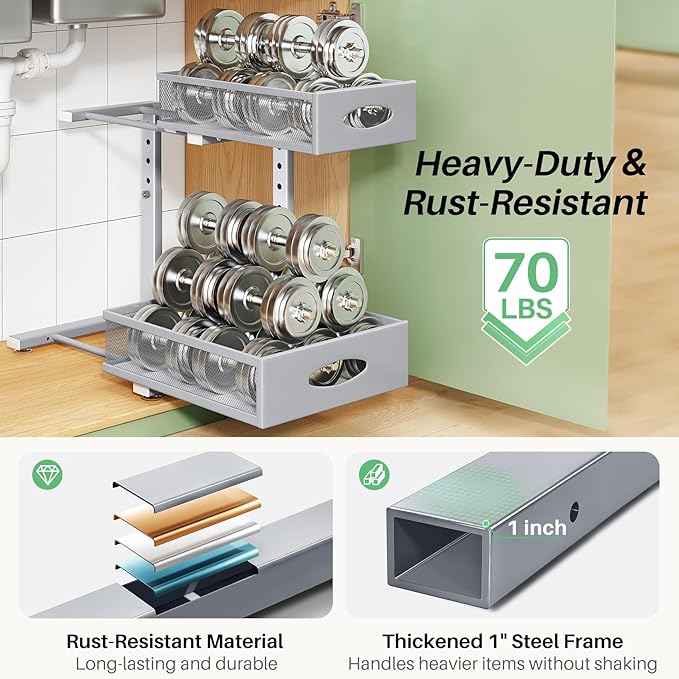 Under Sink Organizer, 1-Pack Pull Out Cabinet Organizer 2 Tier Metal Slide Out Storage Shelf Rack, L-Shaped Adjustable Height,Mesh Sliding Drawer for Kitchen, Bathroom, Laundry, Pantry, Grey, XL
