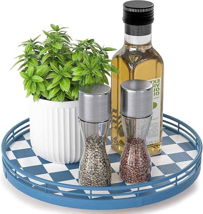 Premium Rubber Wood Lazy Susan Turntable, Blue White Checkerboard Decorative Serving Tray, Hand-Welded Metal Railing, Stable Rotating Organizer for Dining Table, Kitchen Counter, Coffee Table Decor