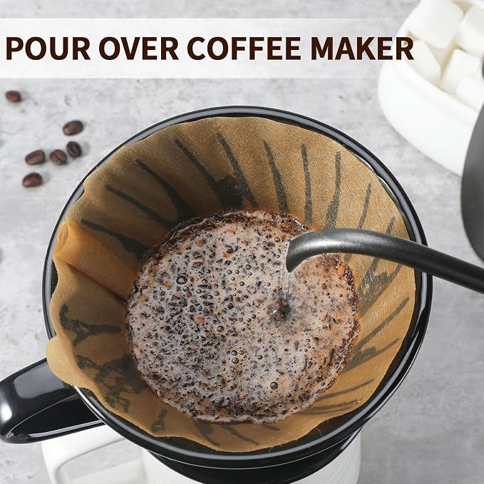 Mongdio Ceramic Pour Over Coffee Dripper, Reusable Porcelain Portable Pour Over Coffee Maker, Slow Brewing Accessories with 1 Holes for Home - Size 02 Black