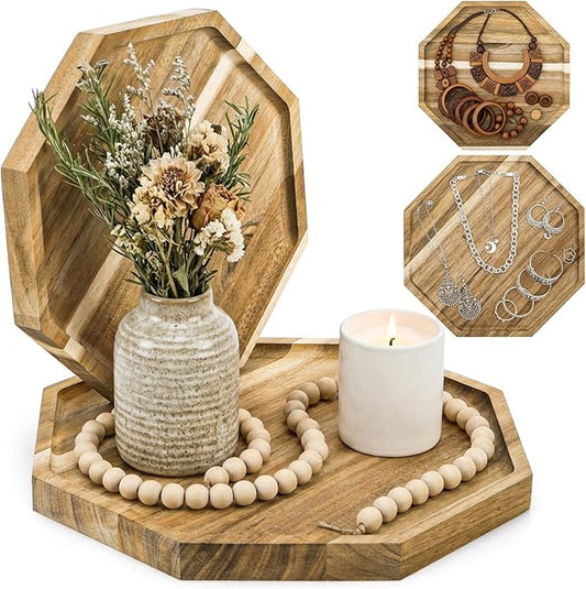 2 Pieces Wood Decorative Trays, Acacia Candle Holder Plate for Centerpiece, Octagonal Serving Tray Appetizer Board for Home, Living Room, Bathroom, Kitchen