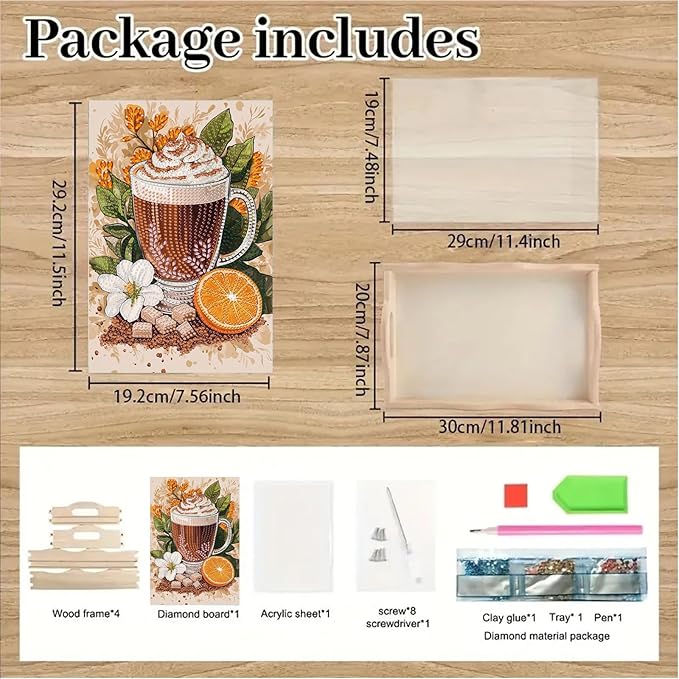 BAYUNOE DIY Diamond Serving Tray Rectangular Breakfast Tray with Handle Handmade Diamond Art Painting Wooden Tray Spring Creative Dinner Plate Coffee Room Living Home Organizer-Coffee