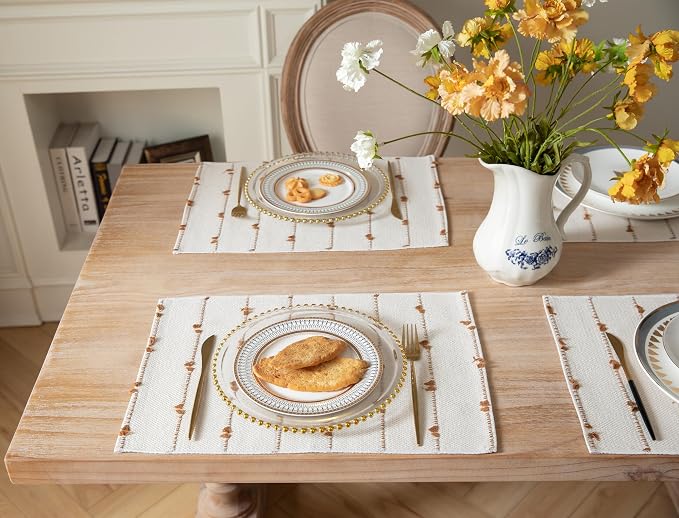 Boho Placemats Set of 4 for Dining Table Decor, Woven Cloth Place Mats for Farmhouse Rustic Kitche Home Decor, Cotton Placemats 13 x 19 Inch, Brown and Beige Table mats