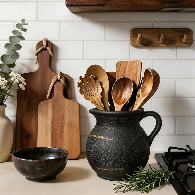 Rustic Kitchen Utensil Holder, 7.3'' Ceramic Vintage Utensil Crock for Counter, Farmhouse Utensil Crock Countertop Organizer for Spatulas Spoons Cooking Tools, Modern Home Kitchen Decor (Black)