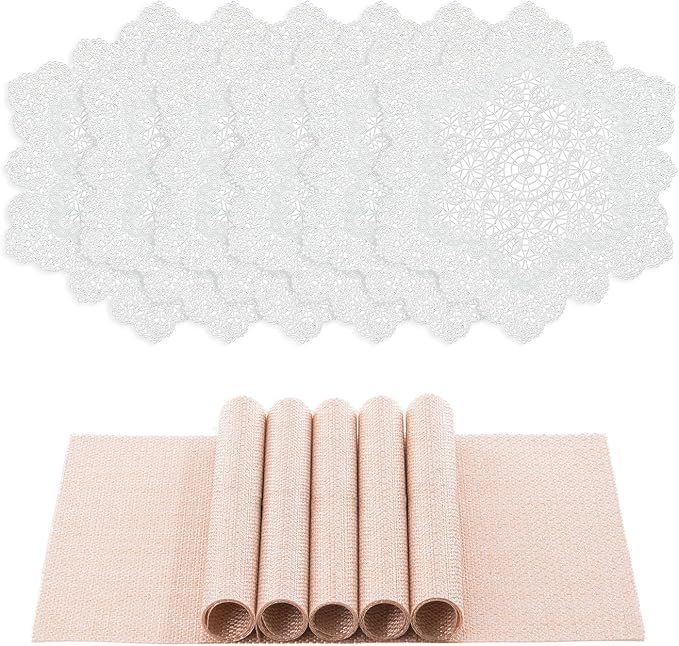 BACKTOEDEN Placemats Set of 6 Heat Resistant Washable Wipeable Placemat Woven Non-Slip Foldable Vinyl/Plastic Place Mats Indoor/Outdoor Mat Kitchen Dining Table Pad, White Snowflake & Pink
