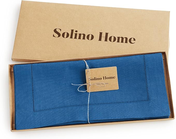 Solino Home Linen Table Runner 48 Inches - 100% Pure Linen Indigo Blue Hemstitch Table Runner 14 x 48 Inch Ideal for Dresser and Coffee Tables - Summer, 4th of July - Classic Hemstitch