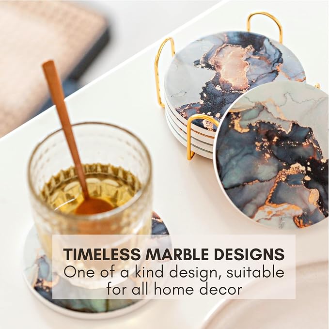 Colorful Ceramic Marble Coasters Set of 6, Cute Moisture Absorbing Coaster, Coffee Table Decor, Stone Absorbent Drink Coasters