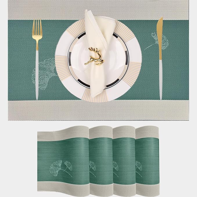 PIGCHCY Ginkgo Placemats Set of 4, Non-Slip Placemats Easy to Wipe Clean Kitchen Durable Table Mats for Home/Dining Room Decoration (Green,18 X 12 inches)