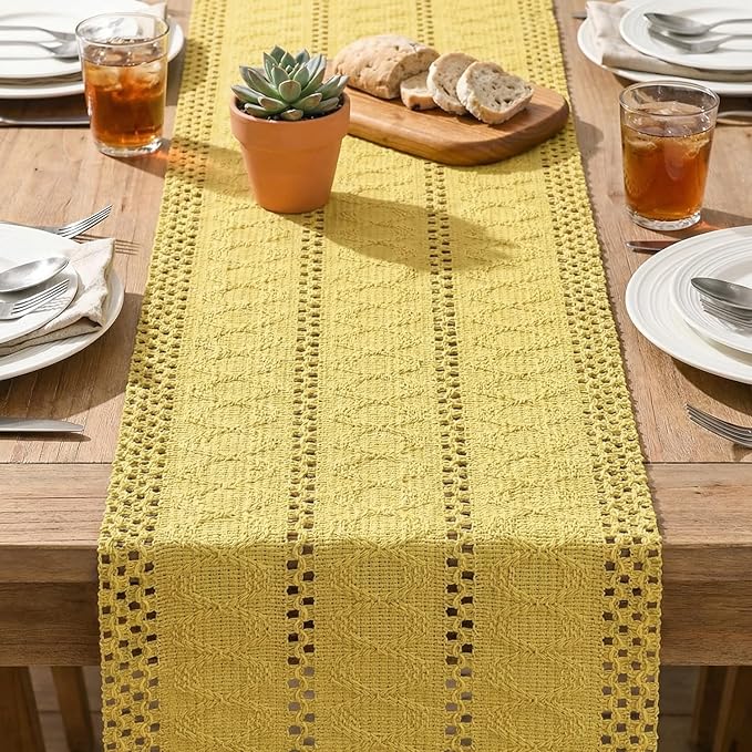 Artoid Mode Yellow Farmhouse Woven Rustic Hollow Table Runner, Seasonal Holiday Hollow Kitchen Dining Table Decoration for Home Party Decor 12x36 Inch