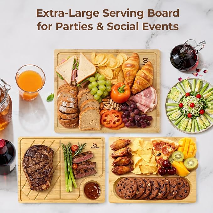 Piklohas Large Bamboo Cutting Boards Set of 4 for Kitchen, Bamboo Charcuterie Chopping Board with Holder Non Slip, Steak Serving Tray with Juice Groove, Big Butcher Block for Cheese, Ideal for Gift