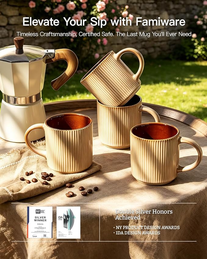 famiware Coffee Mug Set for 4, Star 12 oz Catering Mugs Cup Set with Handle for Coffee, Tea, Cocoa, Milk - Ceramic Stoneware Drinkware Set, Cream Cocoa