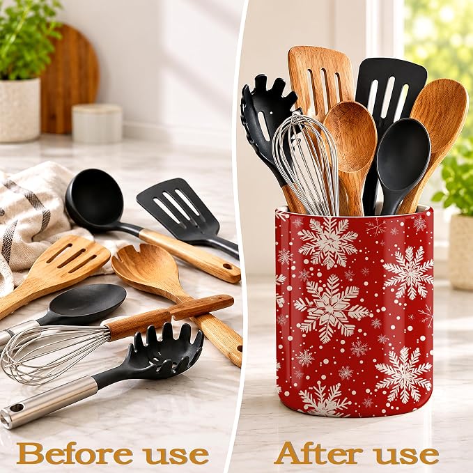 Snowflakes Kitchen Utensil Holder,Christmas Large Ceramic Utensil Crock Organizer for Spatulas,Spoons and Cooking Tools,Kitchen,Home Decoration 6.3"