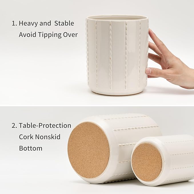 JIEMEI HOME Kitchen Utensil Holder, Large 7.5"+6.2" Bead Chain Ceramic Utensil Crock for Countertop, Utensil Holder with Cork Mat, Morden Utensil Organizer for Spatula, Kitchen Decor, Set of 2, White