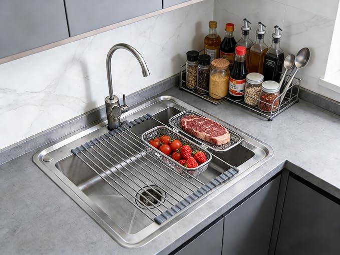 304 Stainless Steel Retractable Sink Drying Rack, Foldable with Removable Mesh Basket & Insect-Proof Cover, Heat Resistant, Dishwasher Safe for Kitchen RV Camping, Perfect