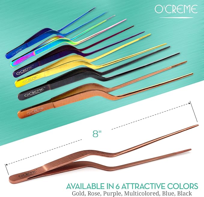O'Creme 8 Inch Stainless Steel Precision Kitchen Culinary Offset Tweezer Tongs