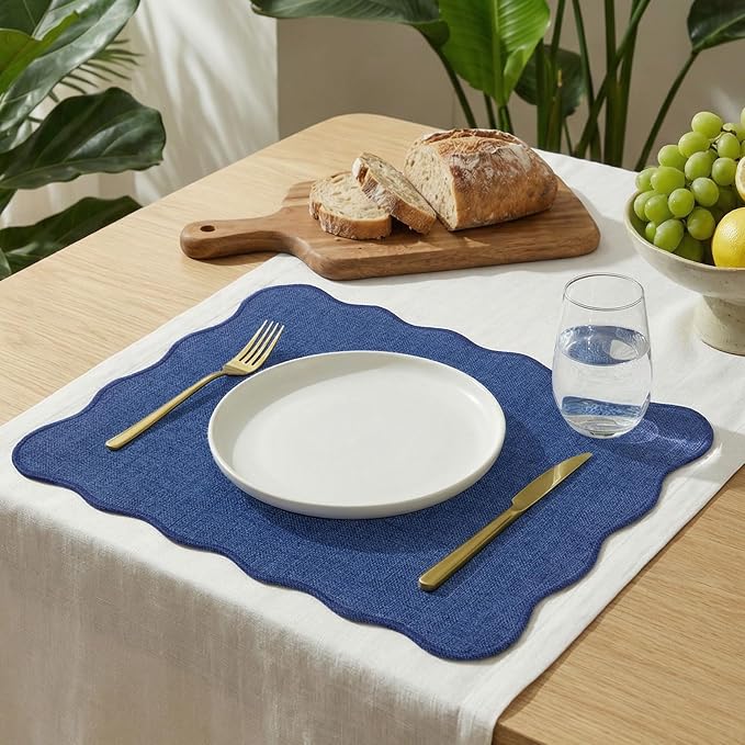 AHHFSMEI Faux Linen Placemats Set of 6 Heat Resistant Non-Slip Stain Proof Table Mats for Kitchen Dining Elegant Decor Place Mats (Blue)