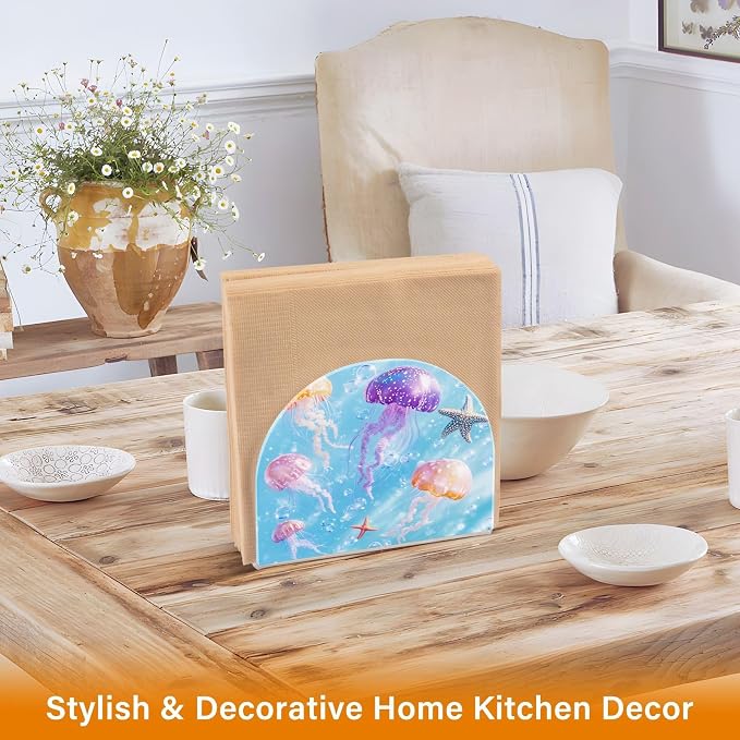 Napkin Holder Acrylic Napkin Holder for Table Kitchen Party Restaurant U Shaped Upright Napkin Dispenser Organizer Blue Jellyfishes Bubbles and Starfish