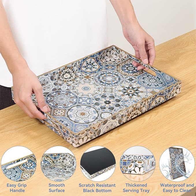 AGIOTA Boho Coffee Table Trays Serving Tray with Handles Large Tray for Ottoman Modern Decorative Tray for Living Room