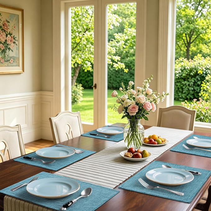 Homaxy Cloths Placemats for Dining Table Set of 6, Heat Resistant Washable Cotton Linen Blend Table Mats, Easy to Clean Place Mats for Indoor Outdoor Party Kitchen Decoration, 13" x 19", Aqua