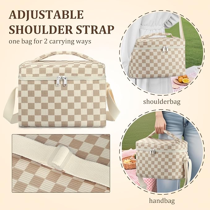 TESAFNG Insulated Lunch Bag for Women, Cute Corduroy Reusable Lunch Box for Adult, Leakproof Cooler Bag for Work Office Travel Picnic, Lunch Tote Bag with Adjustable Shoulder Strap (Checkered Khaki)