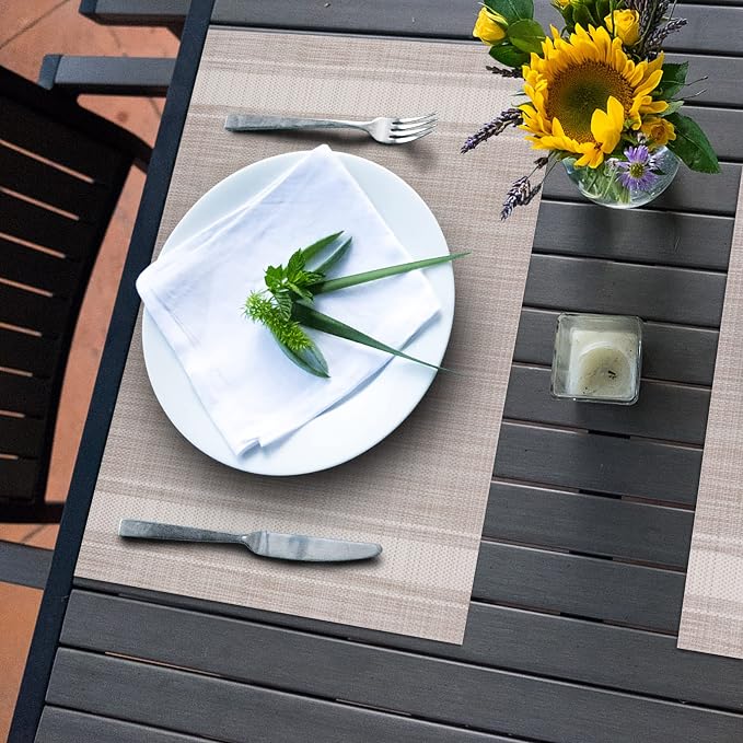 Winknowl Placemats Set of 6, Heat Resistant Non-Slip Vinyl Woven Table Mats for Dining Table, Washable Durable Elegant Place Mats for Kitchen Indoor/Outdoor Use (Beige White)
