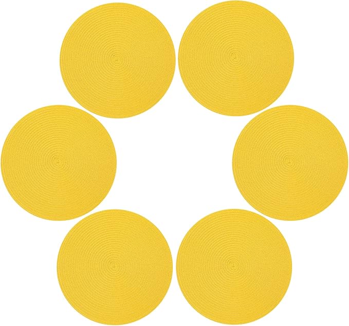Topotdor 14 Inch Round Placemats Stain Resistant Anti-Skid Washable Polyproplene Table Mats Placemats (Yellow, Set of 6)