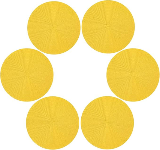 Topotdor 14 Inch Round Placemats Stain Resistant Anti-Skid Washable Polyproplene Table Mats Placemats (Yellow, Set of 6)