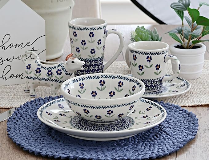 Blue Rose Polish Pottery - Blue Daisy 4 Piece Mug Set - 4 8 oz Mugs - Great Mug Set for Entertaining Guests