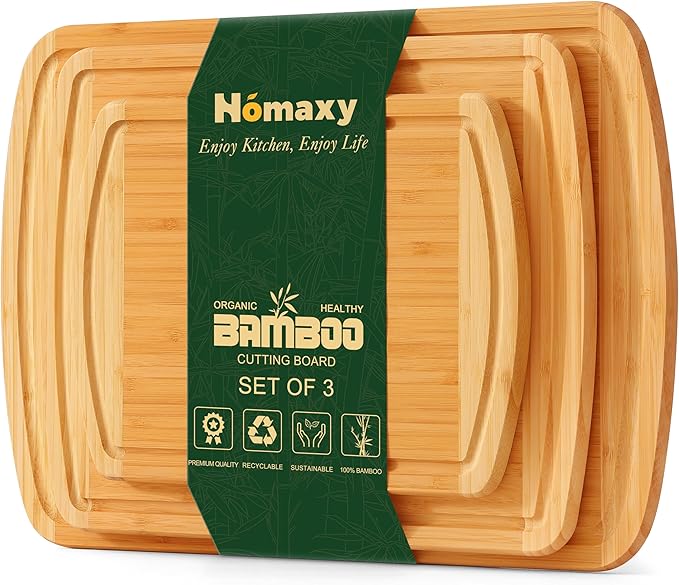 Homaxy Bamboo Cutting Boards for Kitchen Set of 3, Wood Cutting Board Set with Juice Groove, Wooden Butcher Block Chopping Board Set for Kitchen, Meat, Cheese, Fruit & Vegetables - Pre Oiled, Two-Tone