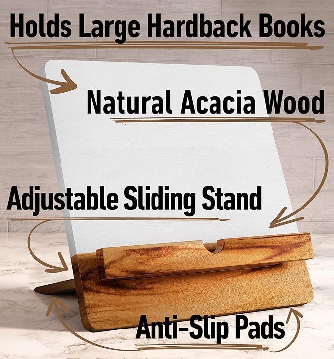 Acacia Cookbook Stand for Kitchen Counter - 12" x 12" Large Adjustable Non-Slip Acacia Wood Book Stand for Cookbooks - Collapsible for Easy Storage - Extra Large Recipe Book Holder for Kitchen Counter