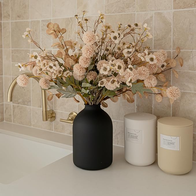 SilkSerenade Beige Silk Kiku Flower Arrangements with Eucalyptus & Wild Flowers for Home Decoration, Fake Flores Long Neutral Tall Mums Cream Stems Artificial Floral Kitchen Dining Table Centerpieces